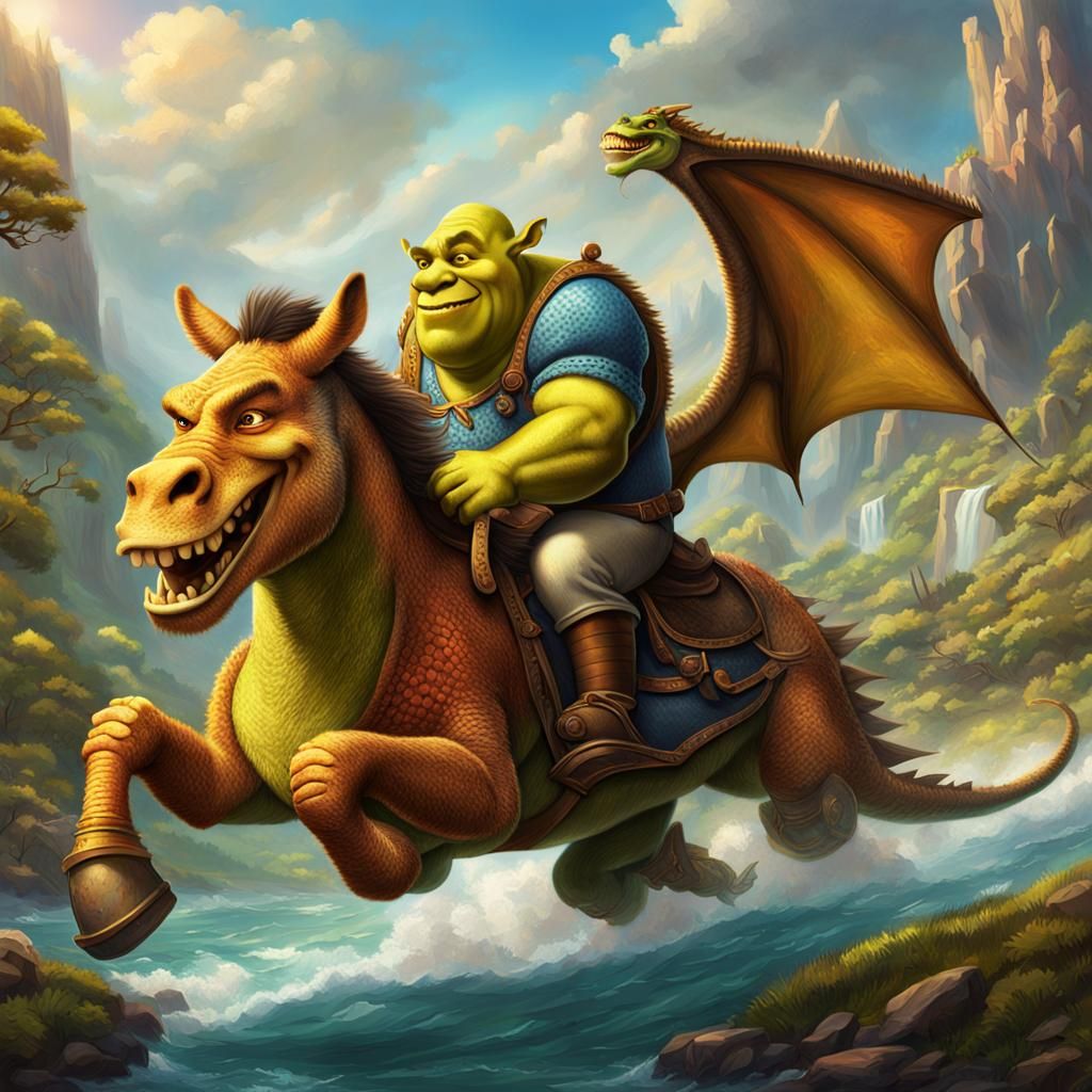 Shrek and Donkey Riding a Dragon