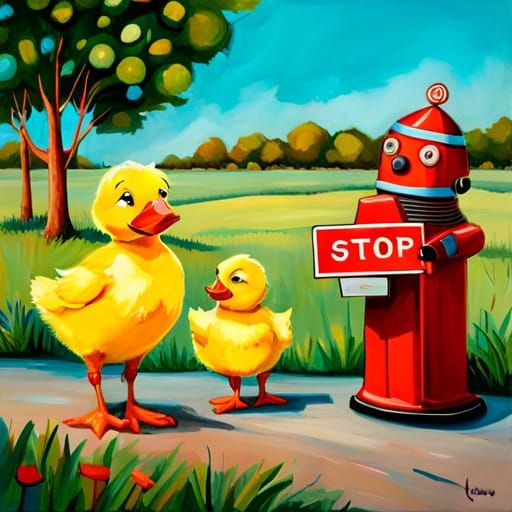 Friendly Robot Stops Ducks: Fine Art Painting