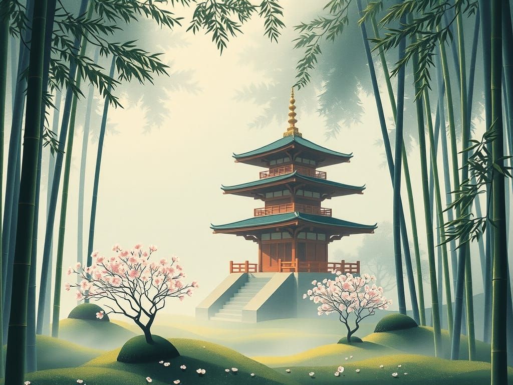 Serene Japanese Pagoda in Misty Bamboo Forest