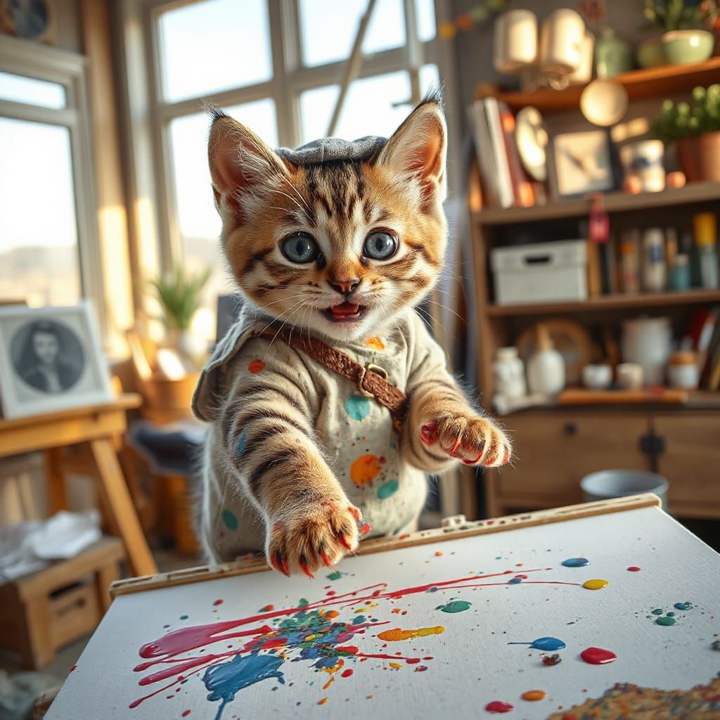 Whimsical Kitten Artist at Work in Vibrant Studio