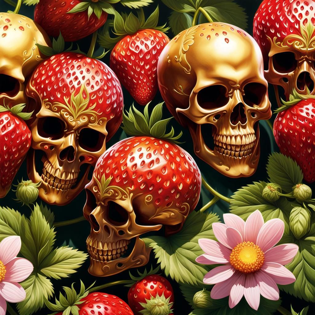 Strawberries, Skulls, and Flowers in a Sunny Meadow