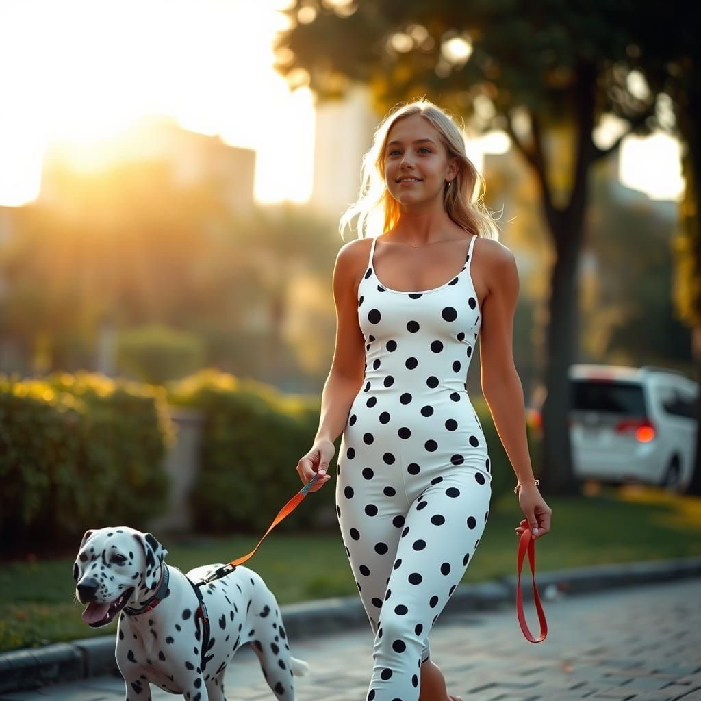 Woman in Polka Dot Playsuit Walking Dalmatian