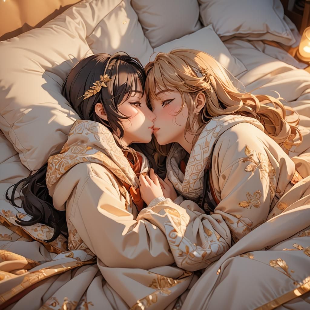Anime-Style 3D Illustration of Girls Kissing