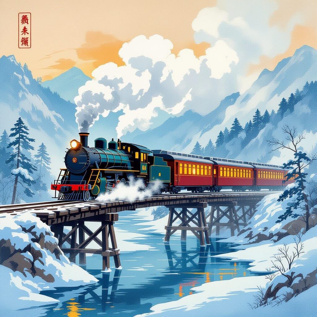 Steam Train on Wooden Bridge in Snowy Mountains