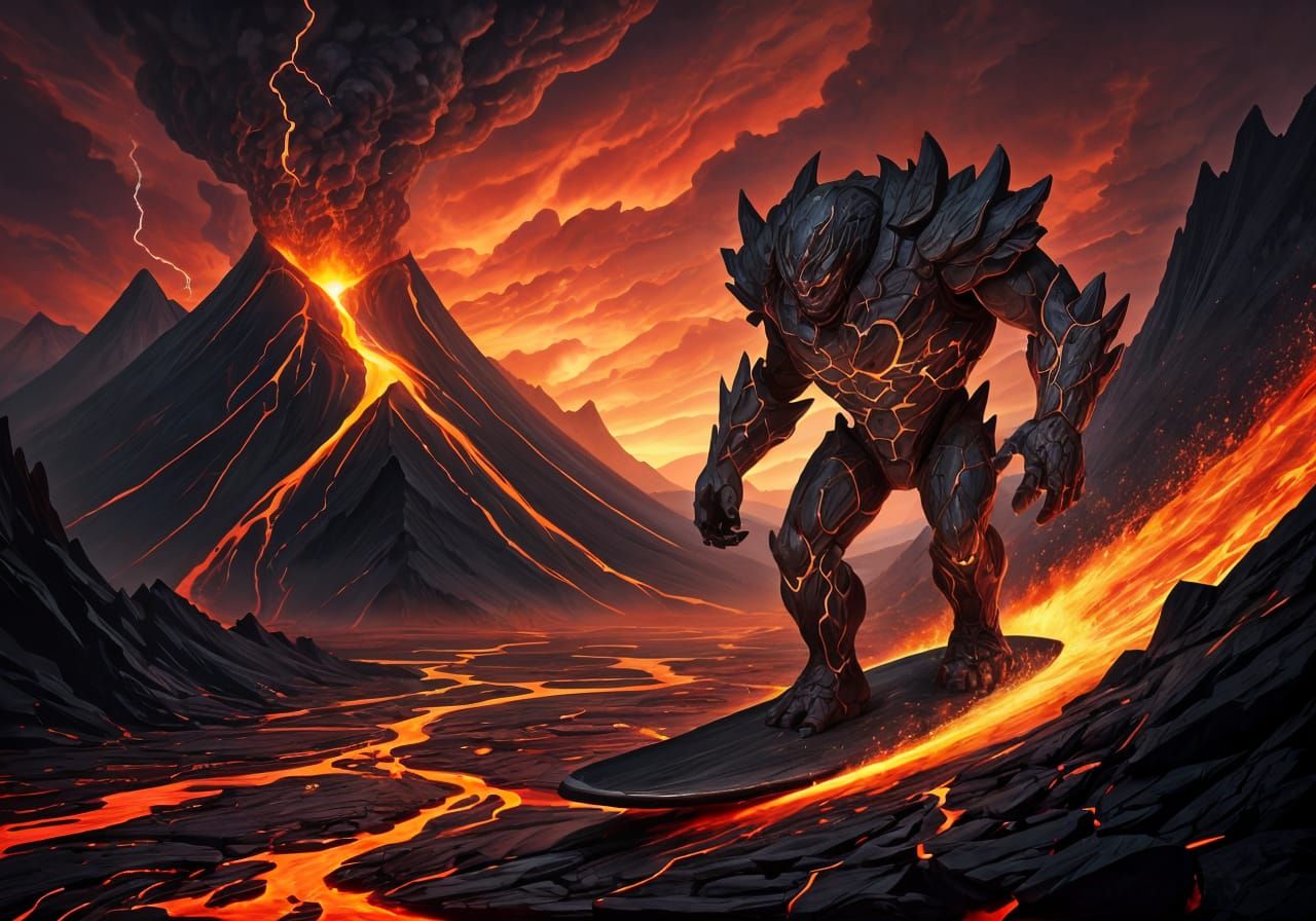 Lava Golem Surfing Volcanic River in Dynamic Fantasy Art