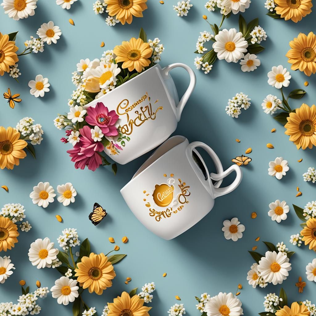 Coffee Cup Logo with Blooming Flowers in 3D