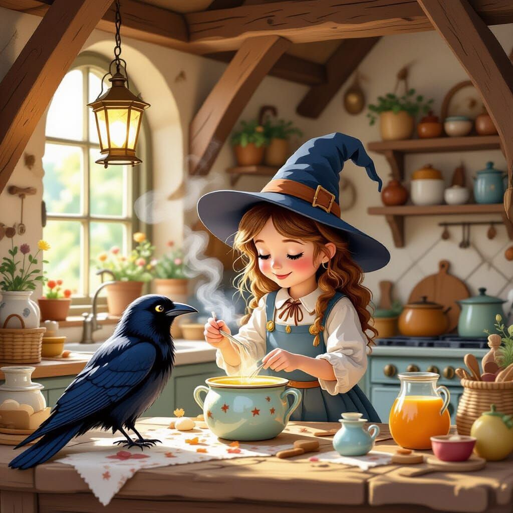 Witch Apprentice Baking Potion with Crow Companion