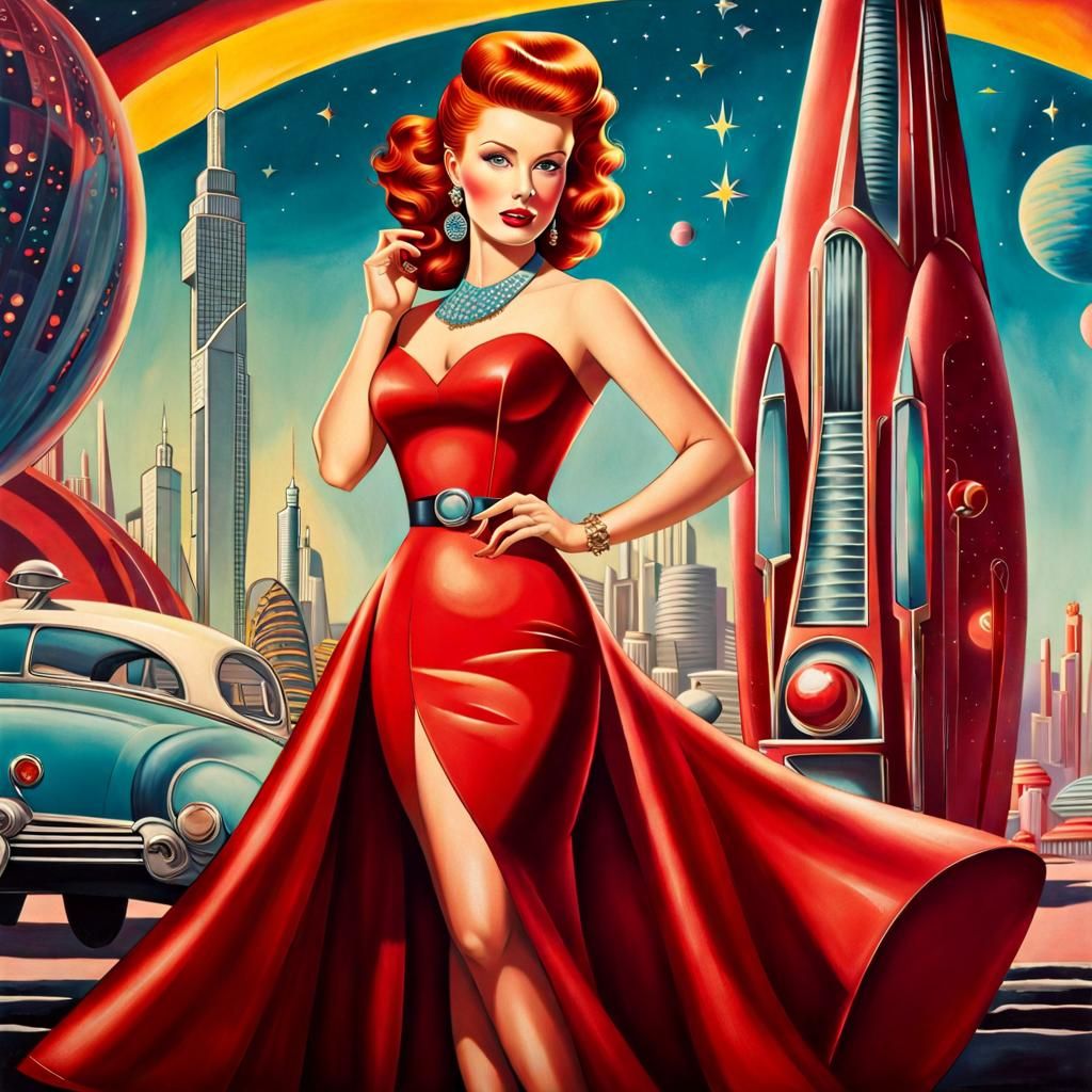 Retro-Futuristic Pin-Up with Red Hair, Hyperrealistic Art