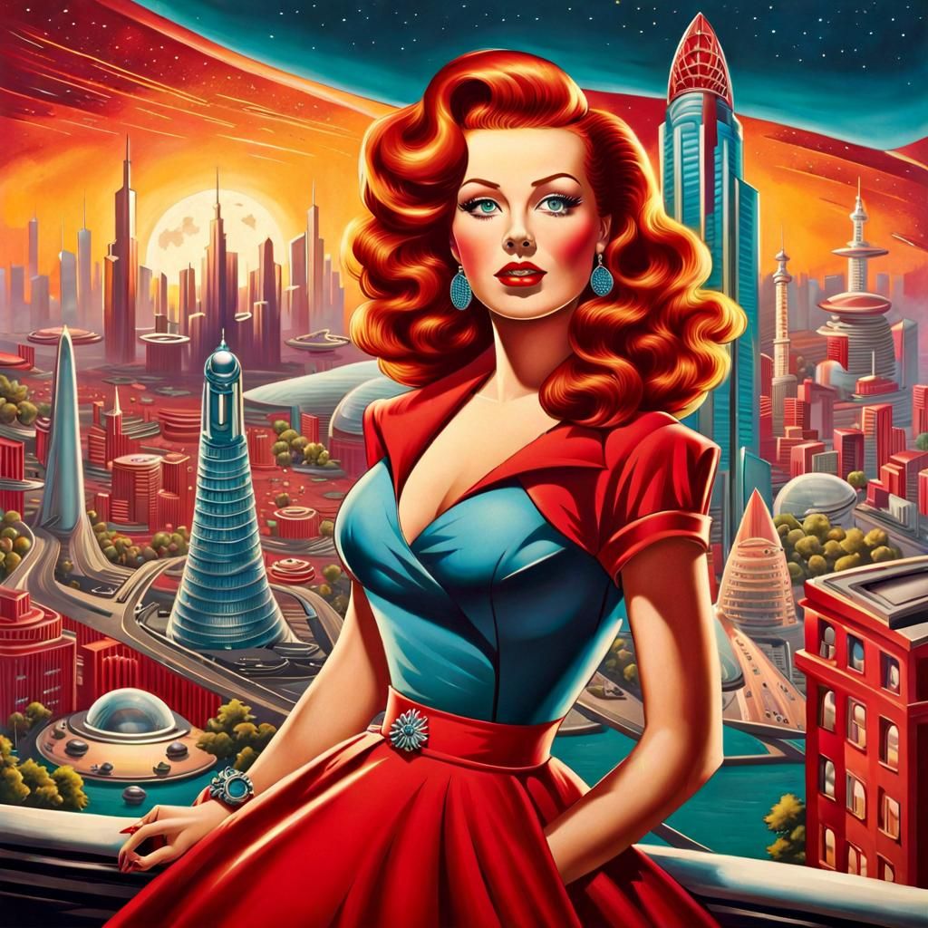 Retro-Futuristic Pin-Up in Hyperrealistic Style