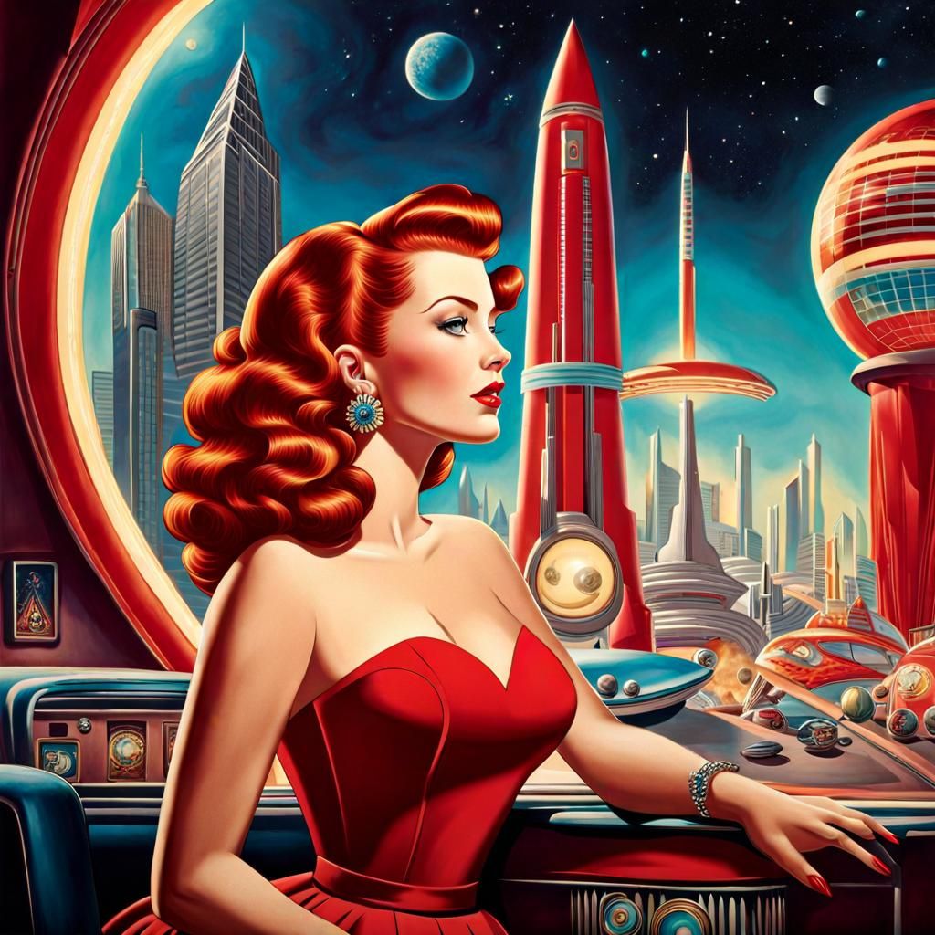 Retro-Futuristic Pin-Up Girl in Cosmic Landscape
