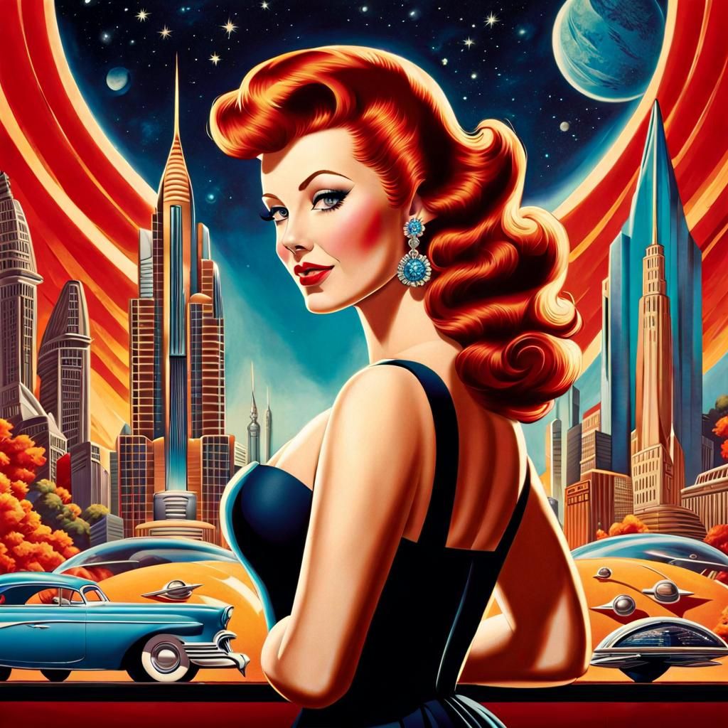 Retro-Futuristic Pin-Up Doll in Hyperrealistic Style