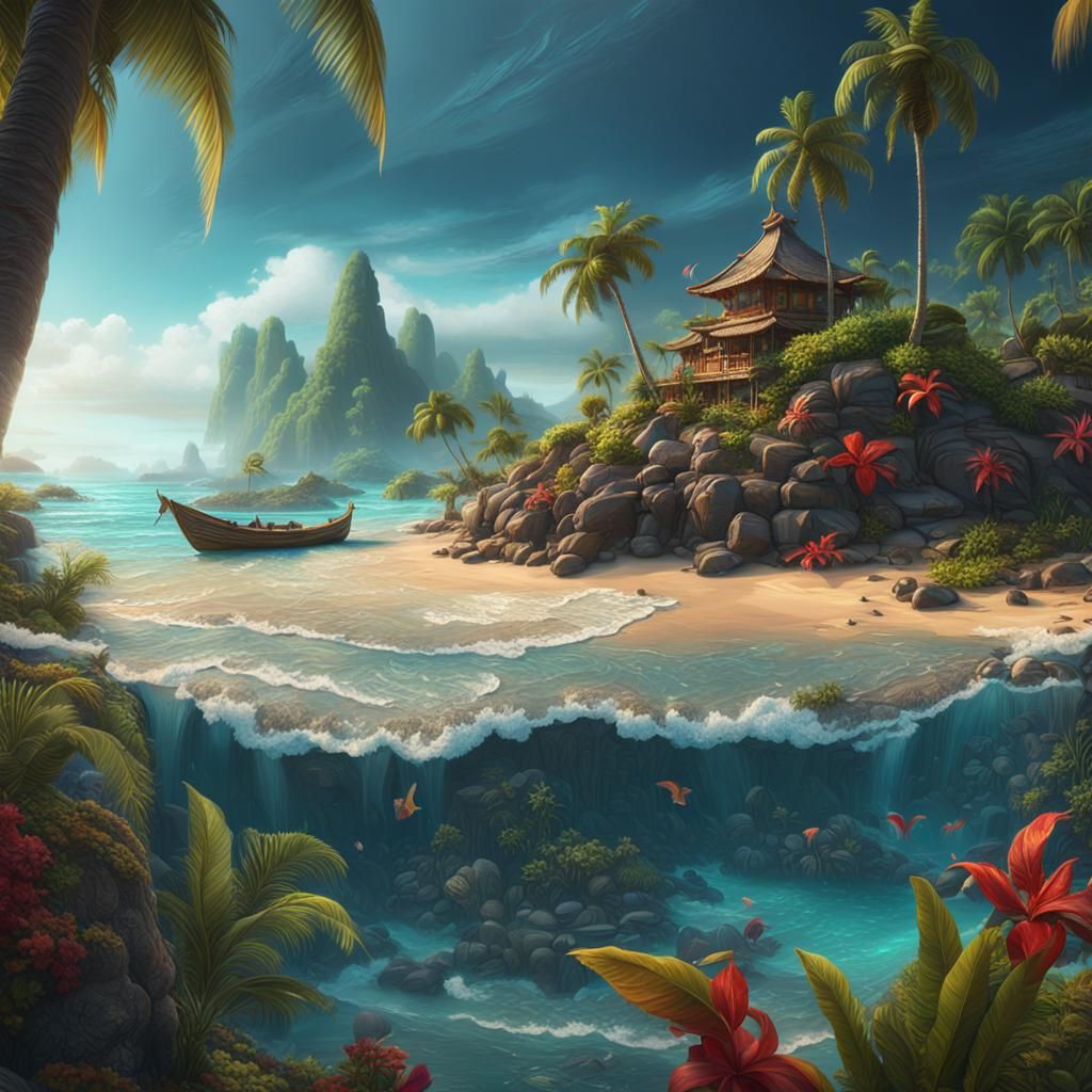 Tropical Beach Scene in Detailed Digital Matte Painting