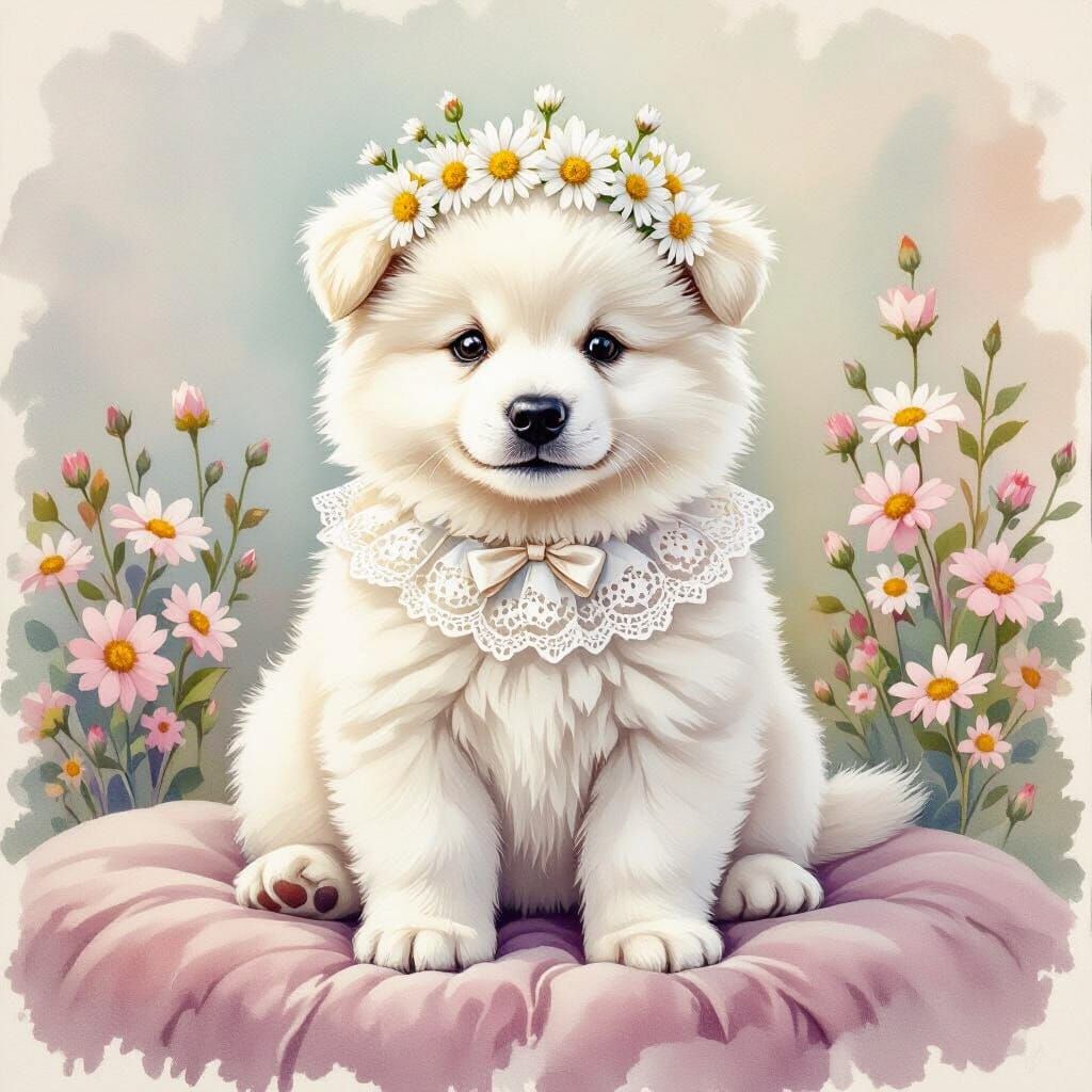 Samoyed Puppy with Daisy Crown, Watercolor Style