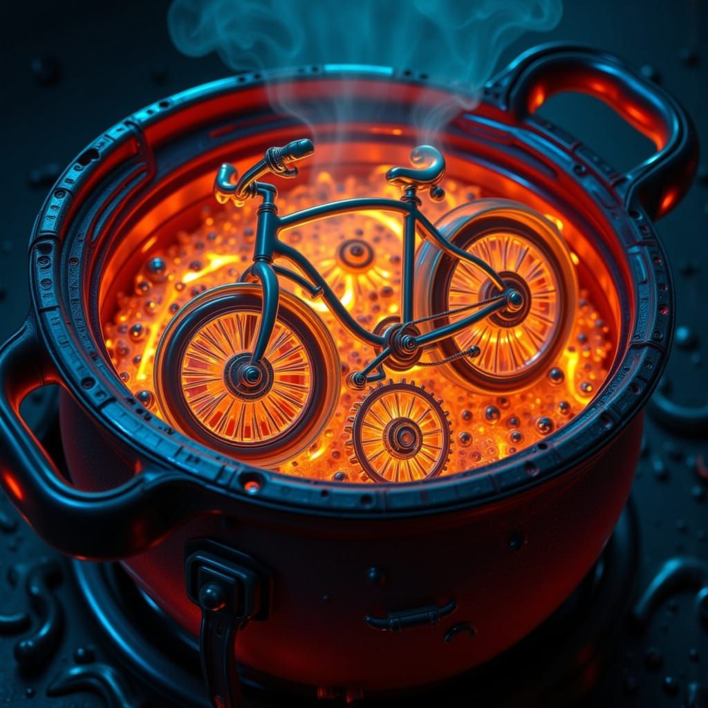 Surreal Melting Bicycle in Cauldron
