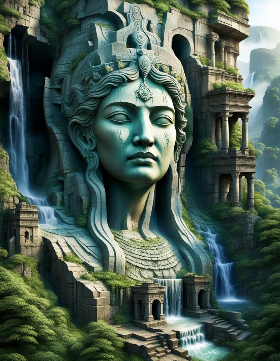 Goddess Face Carved into Mountainside Relief