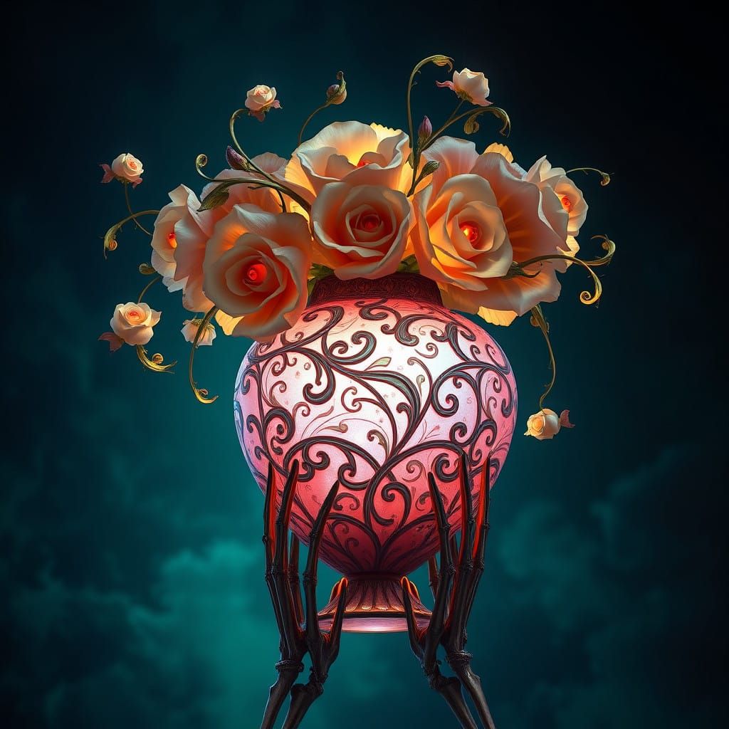 Surreal Ornate Vessel Held by Bony Hands in Dreamlike Glow