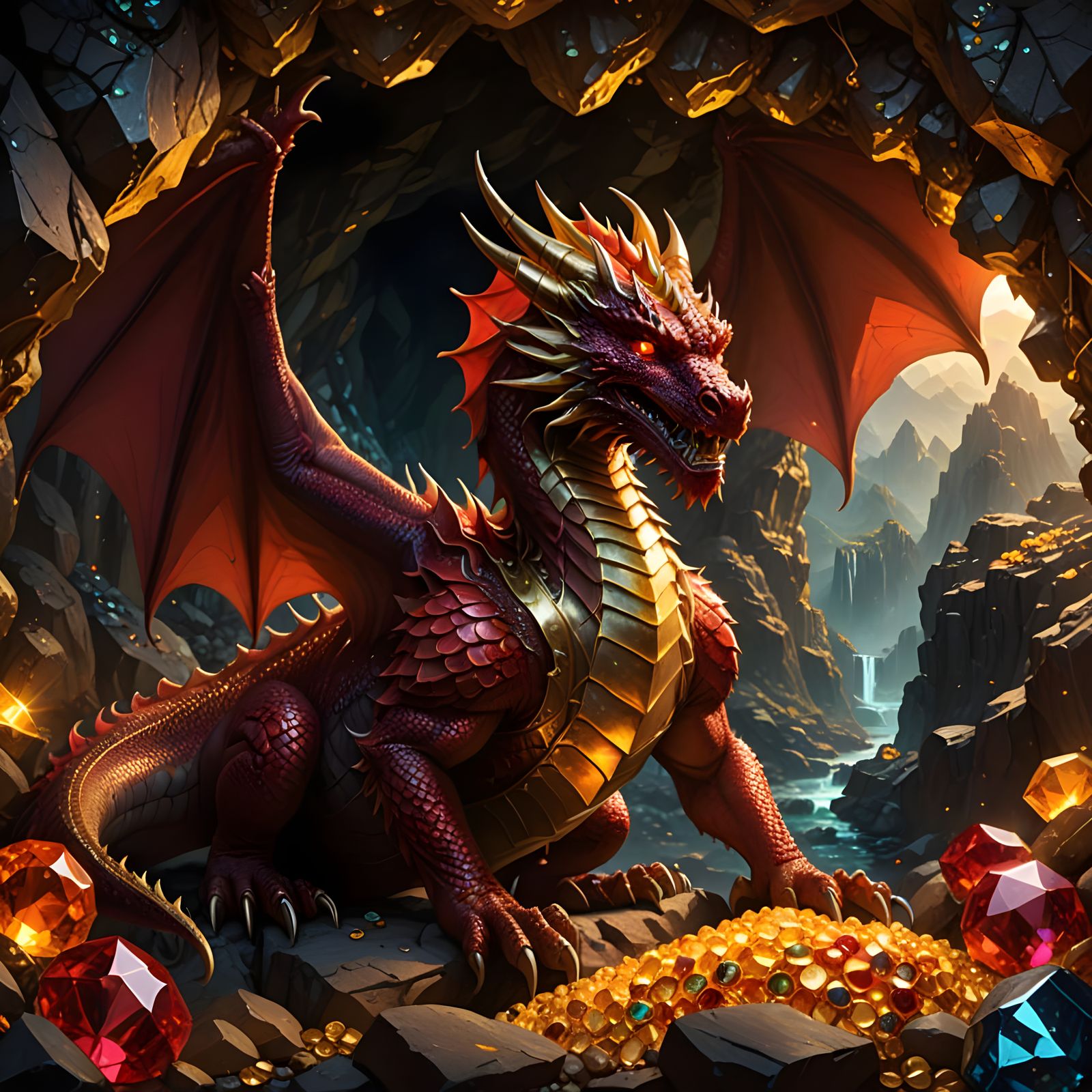 Majestic Red Dragon Amidst a Treasure Hoard in a Cave