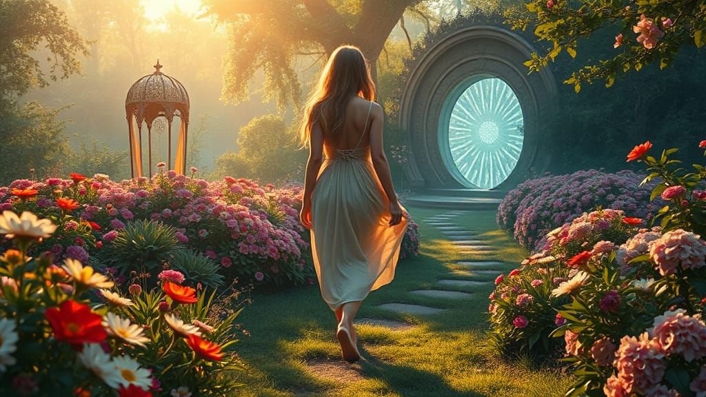 Surreal Flower Garden with Hidden Portal in Hyperrealistic C...