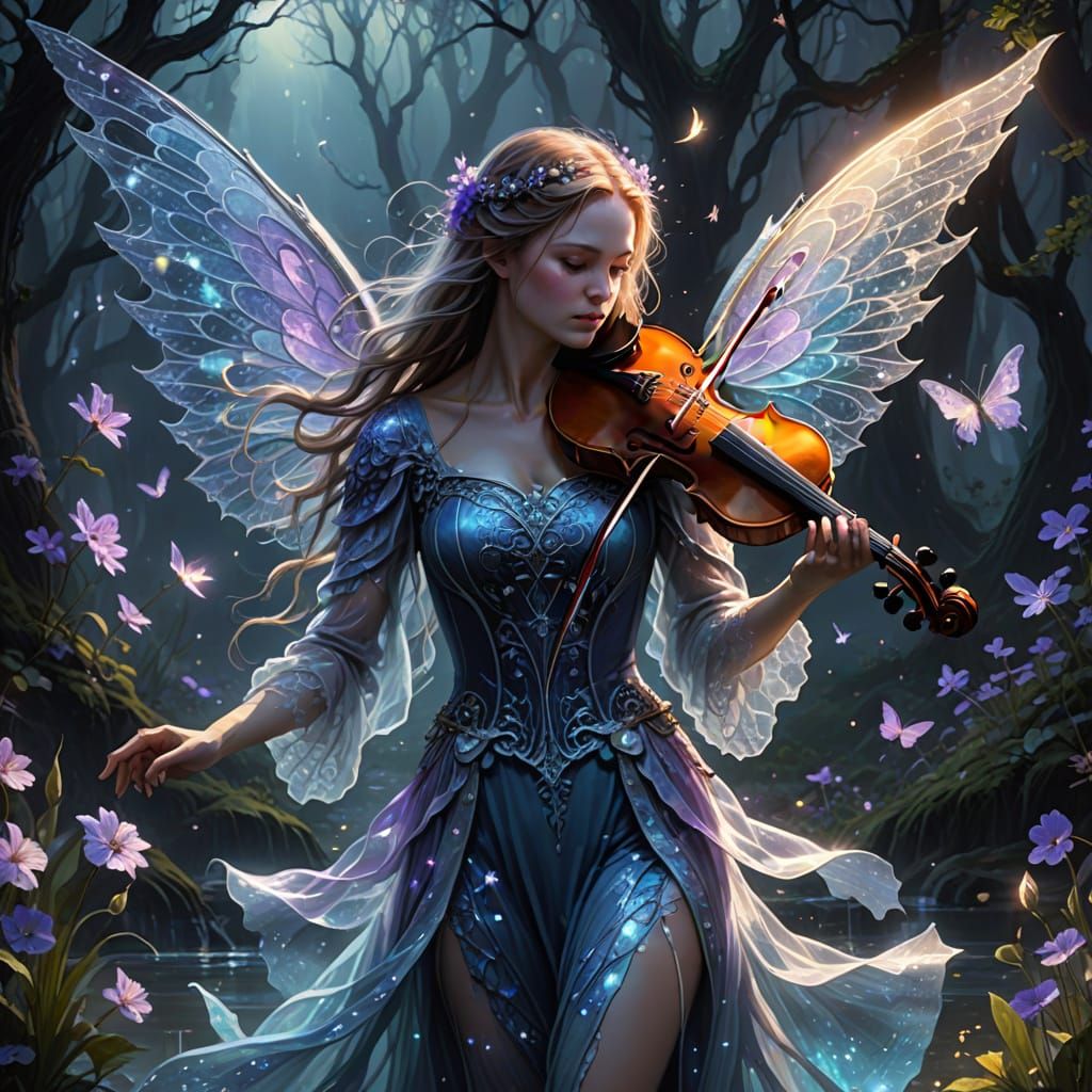 Ethereal Figure Plays Glowing Violin in Fantasy Landscape