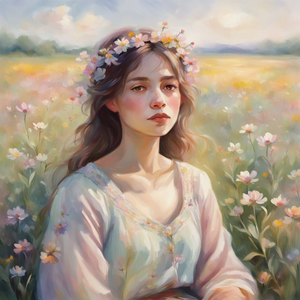 Bohemian Woman in Wildflower Field: Impressionist Painting