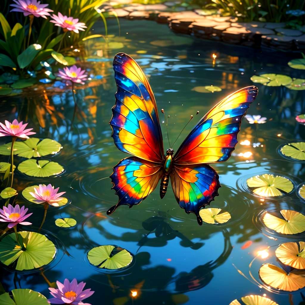 Rainbow Butterfly Over Pond: 3D Anime Art