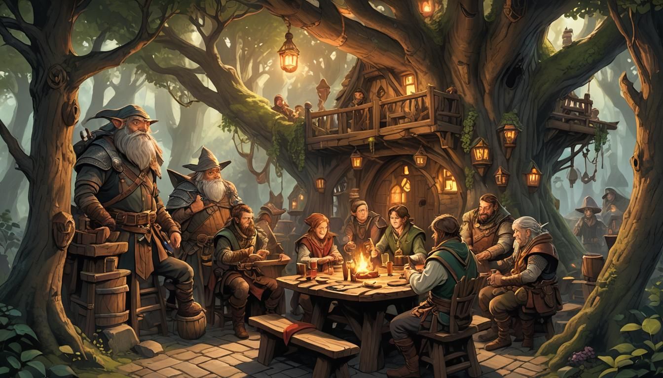 Adventurers Gather in Cozy Treehouse Tavern