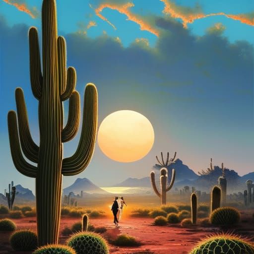 Elegant Desert Sunset with Cacti, Speedpaint Style