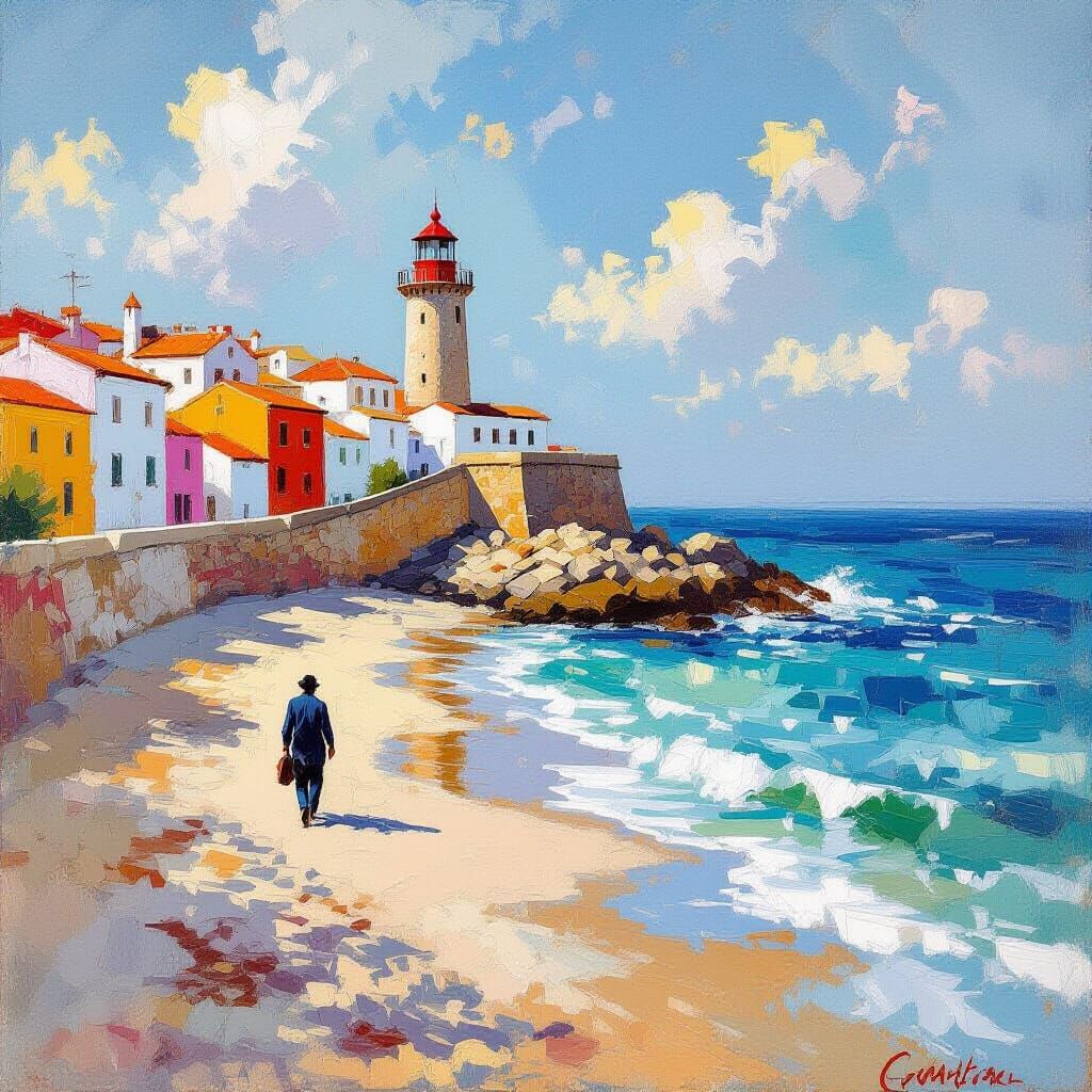 Andalusian Beach with Lighthouse in Expressionist Style