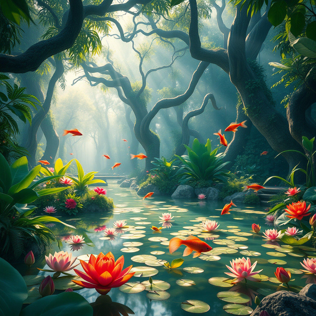 Mystical Indian Forest Garden with Pond, Digital Matte Paint...