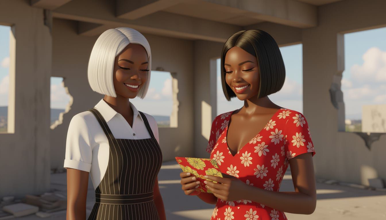 African Women in Unfinished Building, Animated Style