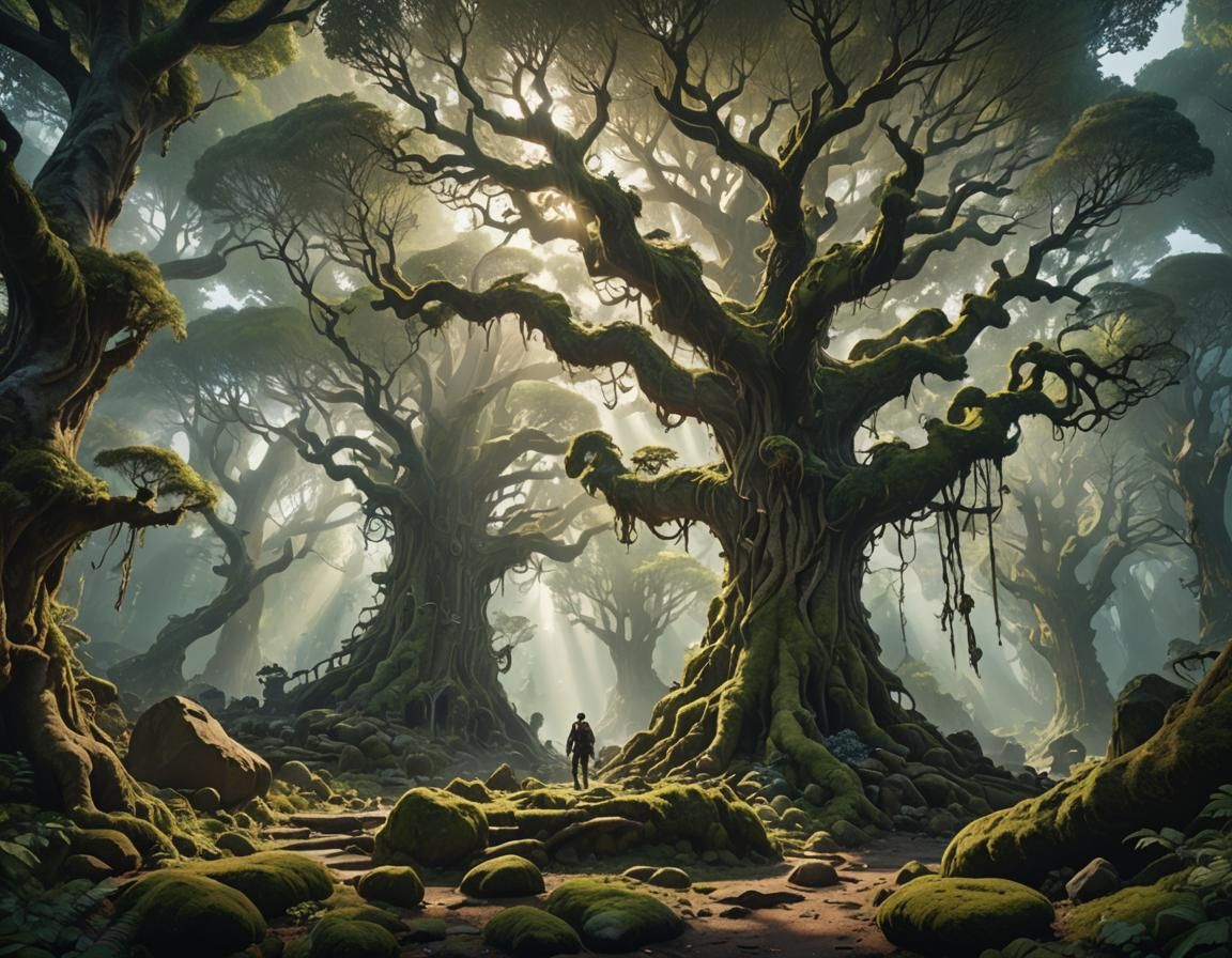 Enchanted Forest: Towering Trees in Sunlight, 3D Art