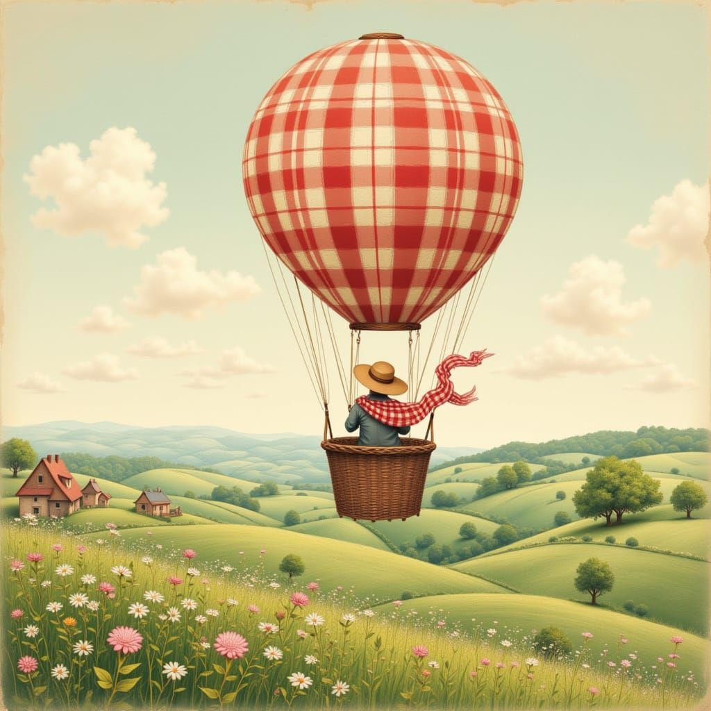 Gingham Balloon Voyage Over Rolling Hills