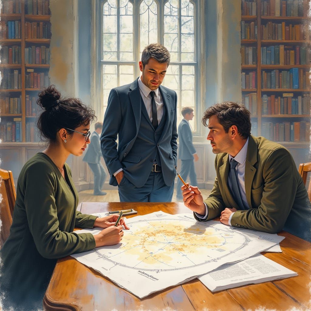 Library Scene with Growing Tension, Watercolor Painting