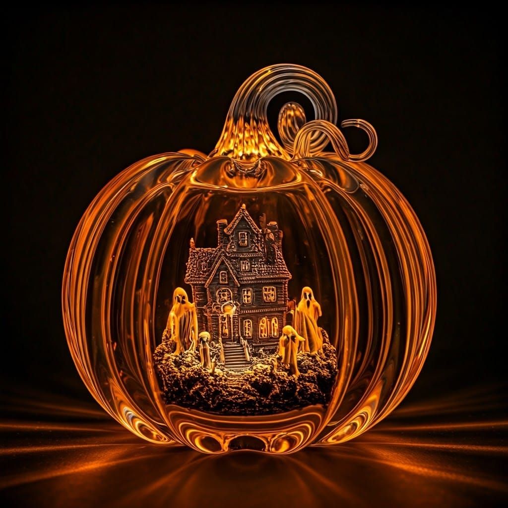 Ornate Glass Pumpkin with Haunted House Interior
