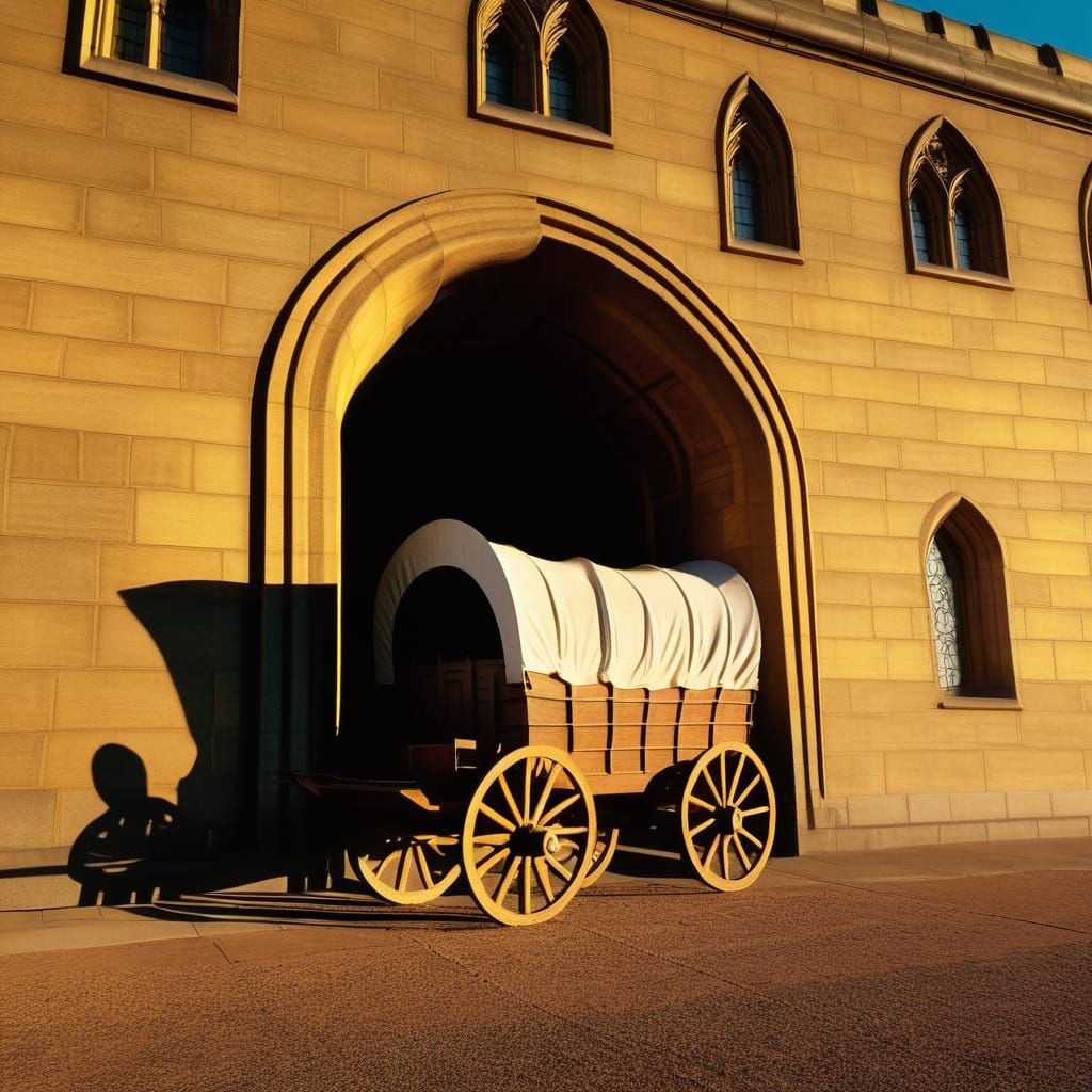 Covered Wagon Crashes Parliament in Surrealist Style