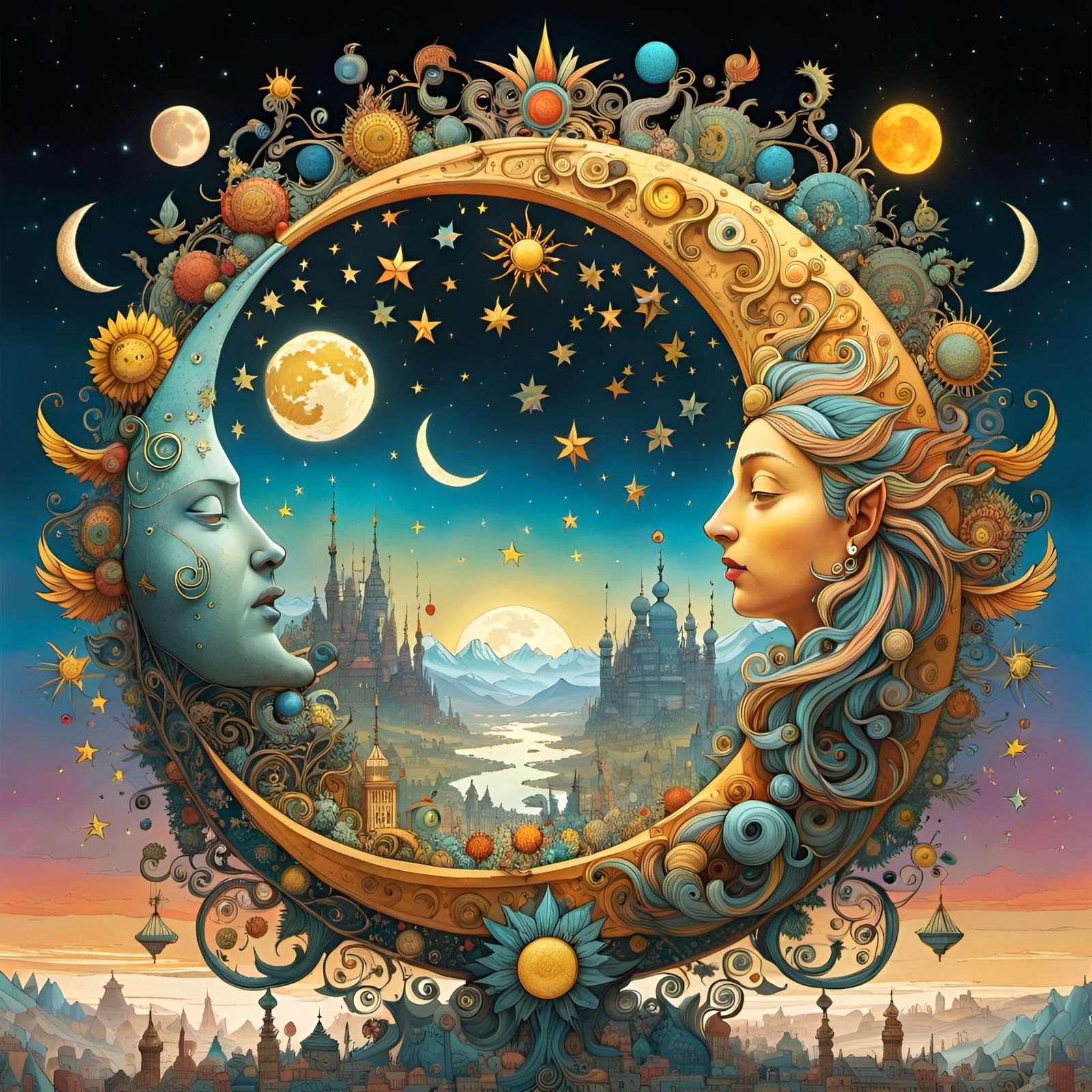Vibrant Celestial Sun and Moon Fantasy Art