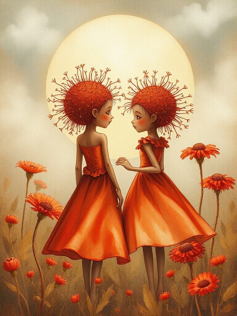 Dandelion People in Moonlit Meadow, Watercolor Style