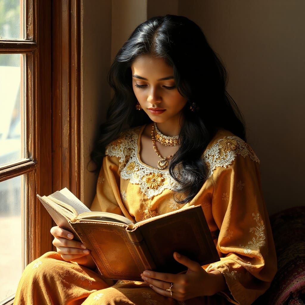 Whimsical Kutchi Woman Reading by Window