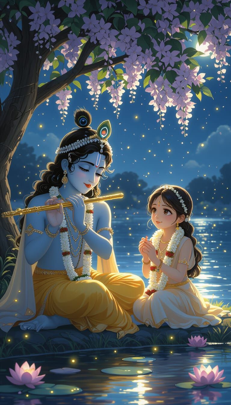 Krishna and Girl by Moonlit River, Hyper-Realistic Anime