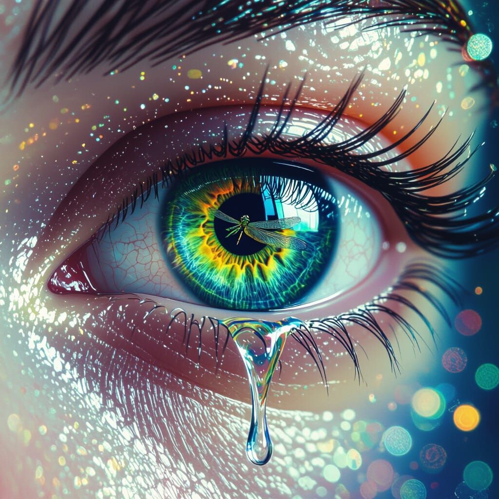 Eye with Dragonfly Reflection in Holographic Cosmic Style