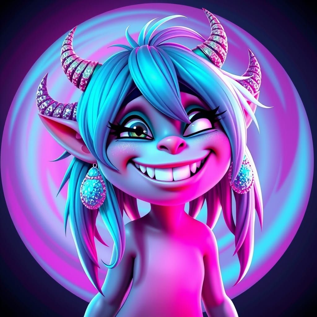 Glowing Neon Monster Girl in Joyful Smile