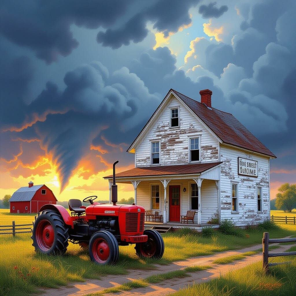 Farmhouse Under Storm Clouds with Tractor, in Kinkade & Ross...