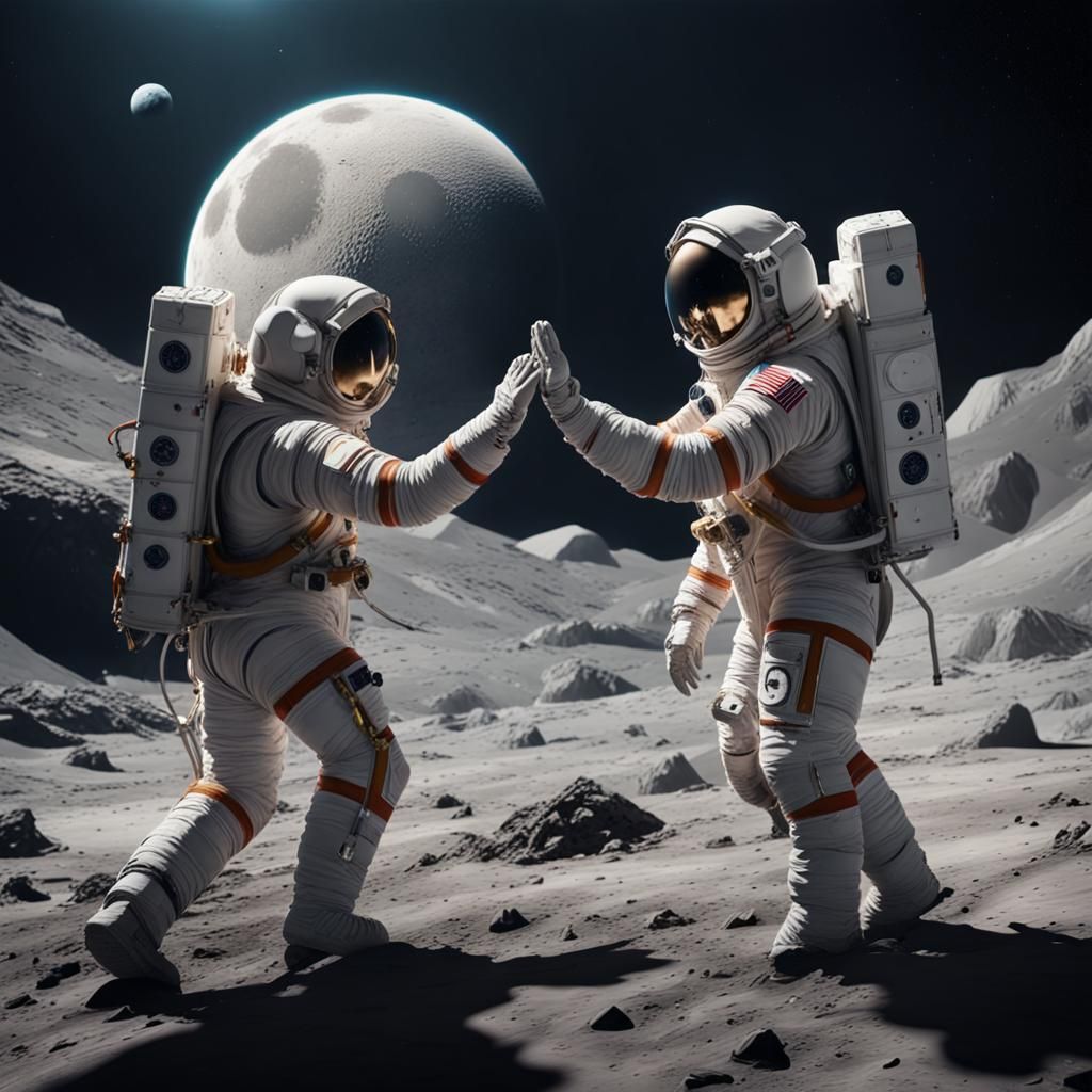 Astronauts High Five on the Moon: Detailed Matte Painting