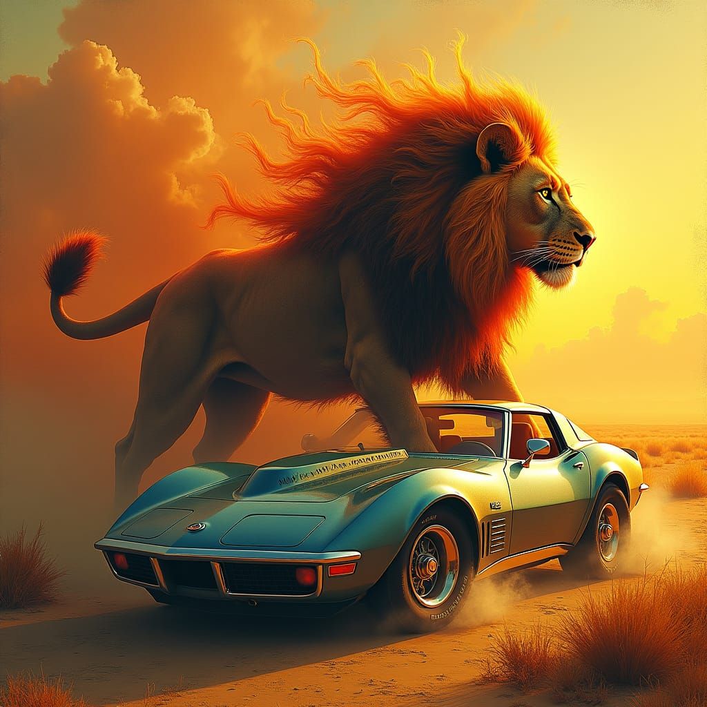 Lion and Car Transformation in Surrealist Style