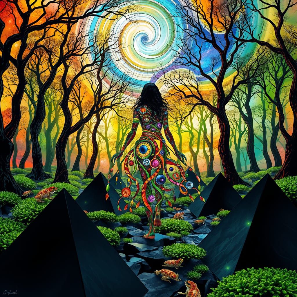 Ethereal Stained Glass Forest with Swirling Nebulae