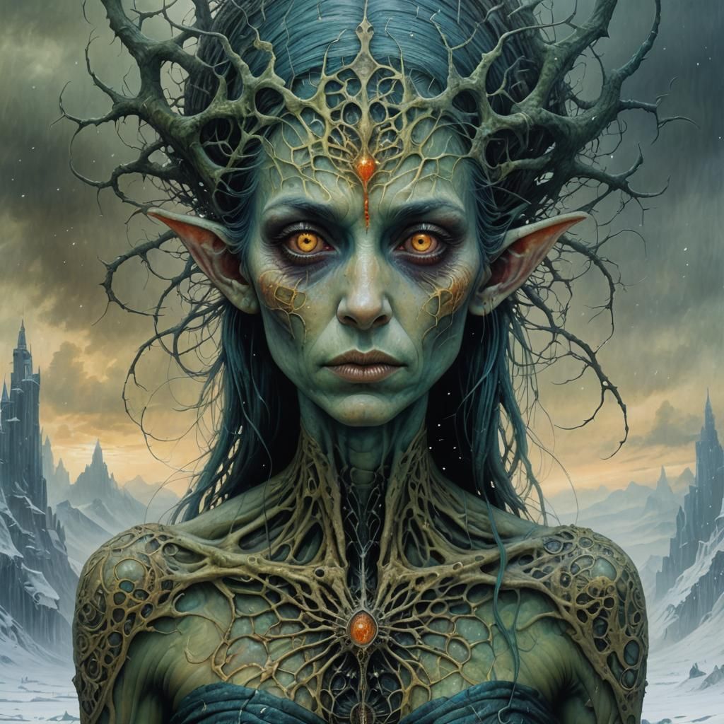 Eldritch Beauty: Tattooed Elf in Frozen Dreamscape