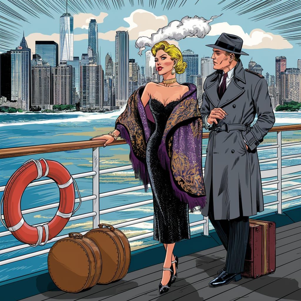 Sophisticated Couple on a Ship in Glowing Comic Book Art