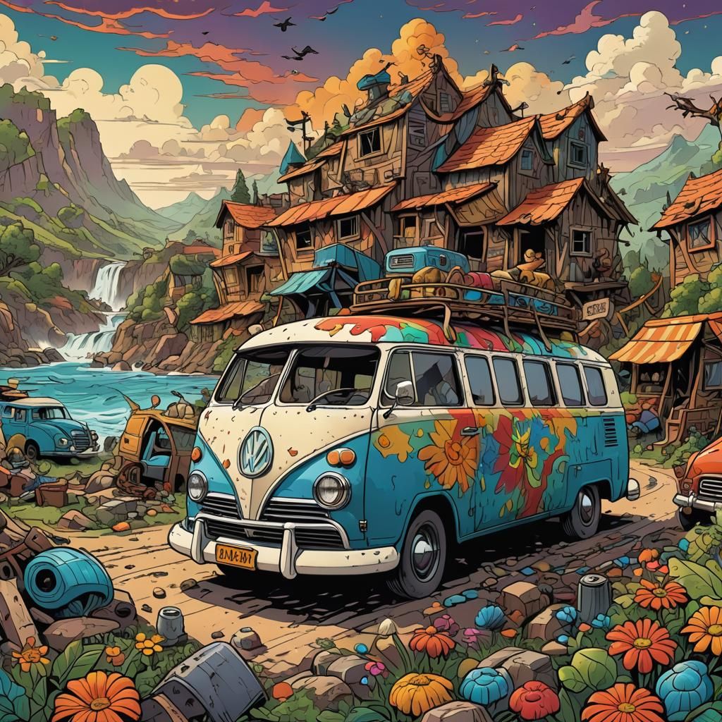 Vibrant Campervan Drives Off into the Distance in Exaggerate...