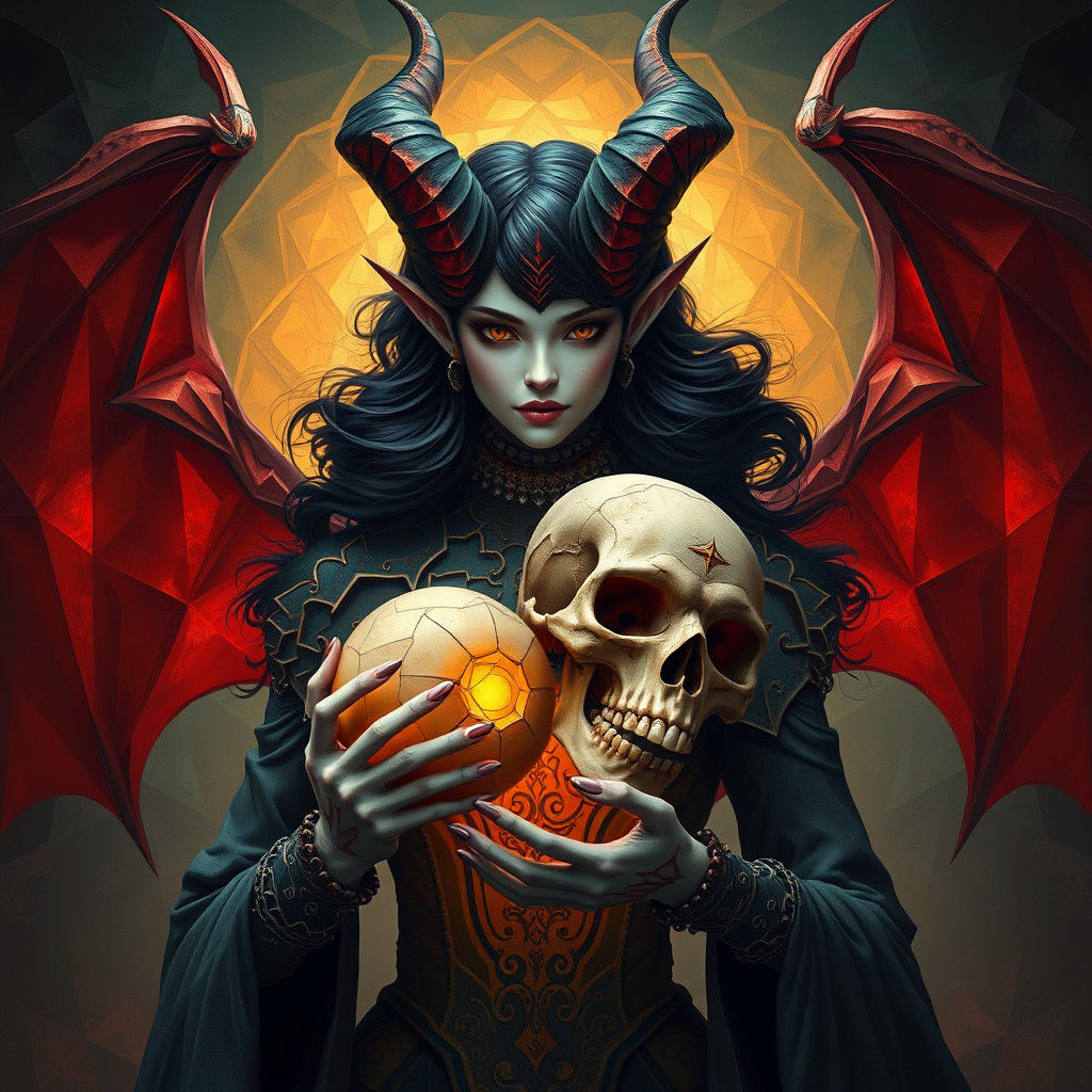 Elegant Demon with Skull in Cubist Fauvist Style