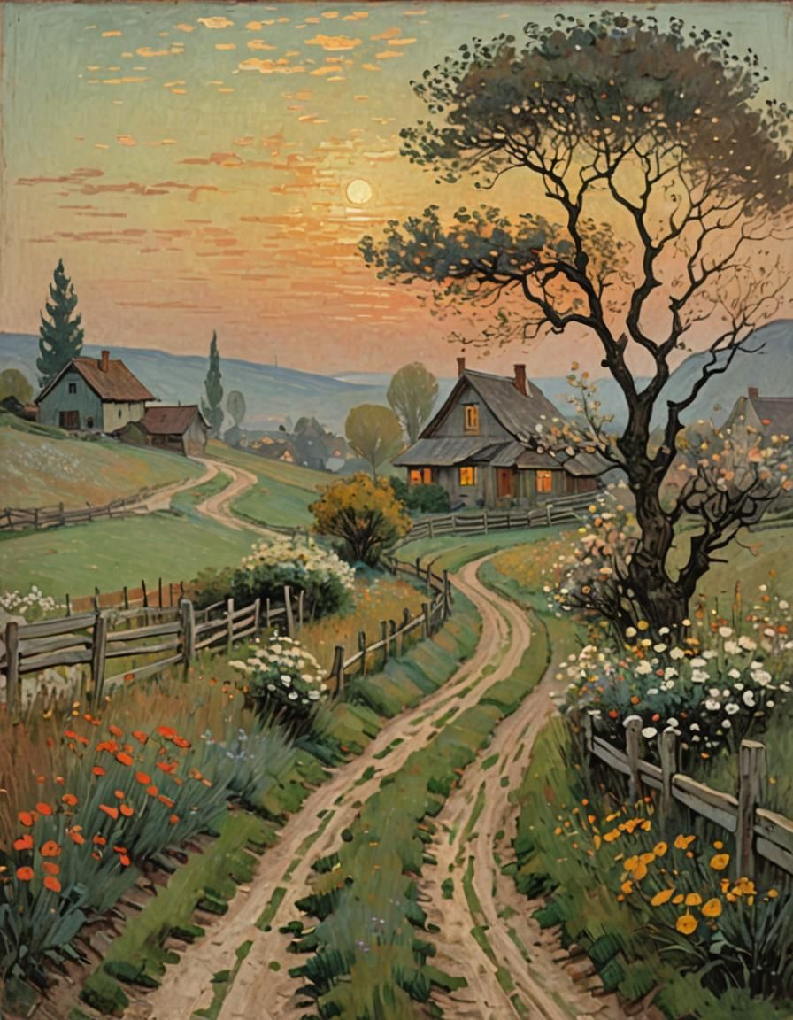Blooming Village Landscape in Impressionist Style